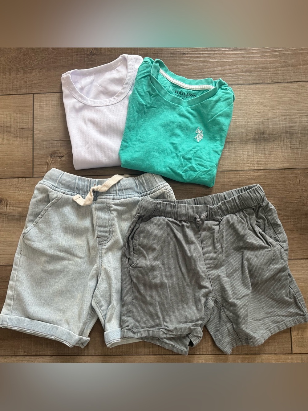 U.S. Polo Assn. Teal & White Tees with Light Gray and Charcoal Gray Kids Shorts